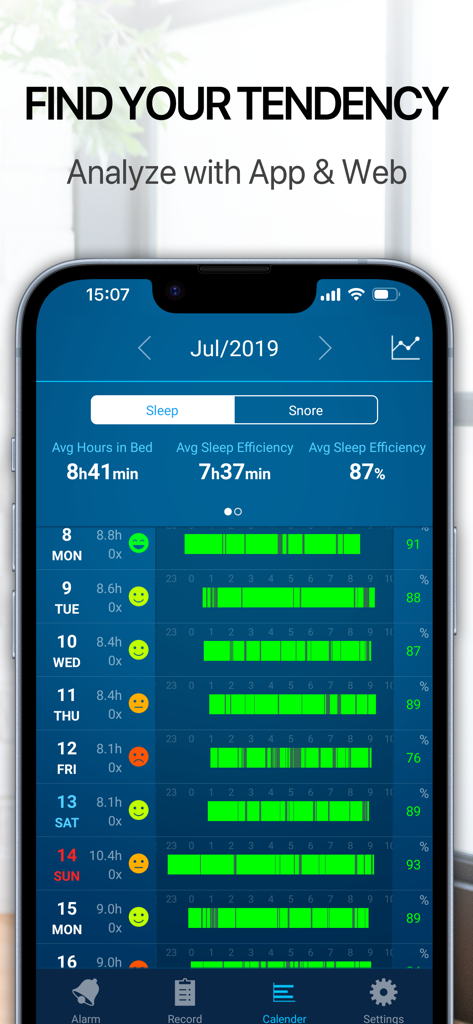 JUKUSUI-Sleep Cycle Alarm - Informes mensuales de sueño y pantalla de análisis de datos en la aplicación JUKUSUI.