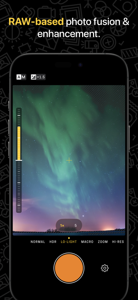 Hydra 2 › AI Camera: RAW + HDR - Interfaz de la aplicación Hydra 2 AI Camera mostrando el modo de poca luz utilizado para capturar una aurora boreal
