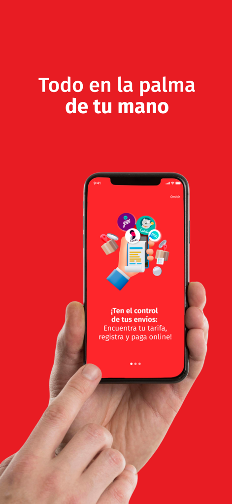 Mano sosteniendo un smartphone que muestra la interfaz de la aplicación SHALOM para gestión de envíos y pagos en línea.