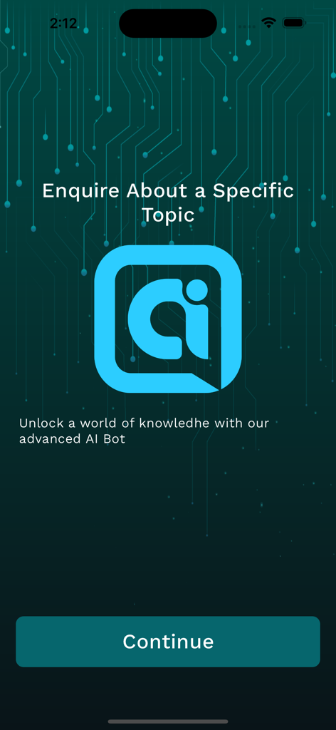 ChatPro - AI Assistant - ChatPro AI Assistant onboarding screen with the app logo and a prompt to enquire about specific topics on a green circuit background