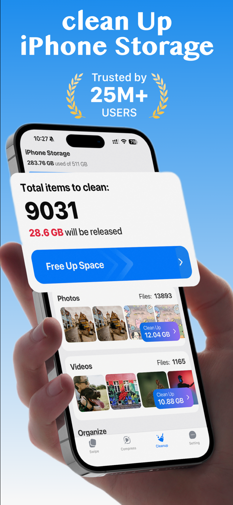 Smartphone screen displaying Prime Cleaner app with a prompt to free up storage space