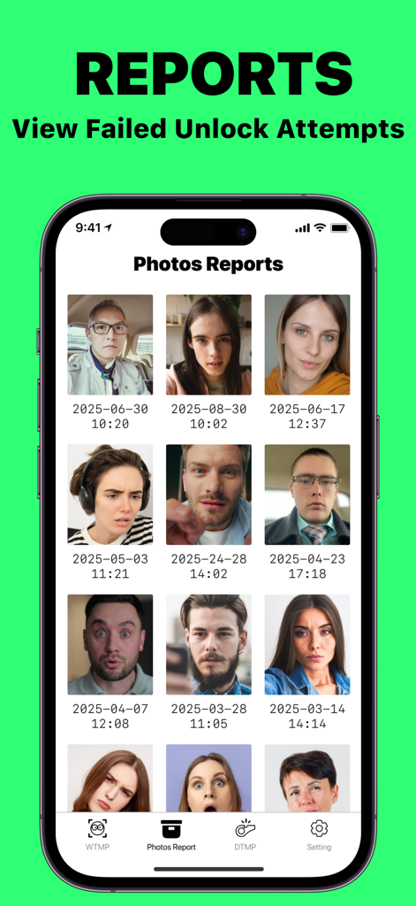 WTMP Who Touched My Phone - A smartphone screen displaying the WTMP app's photo reports gallery showing pictures of people who attempted to unlock the device without authorization.