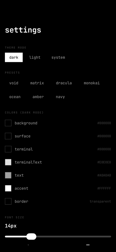 SSH Terminator - SSH Terminator settings screen showing theme presets and color customization options