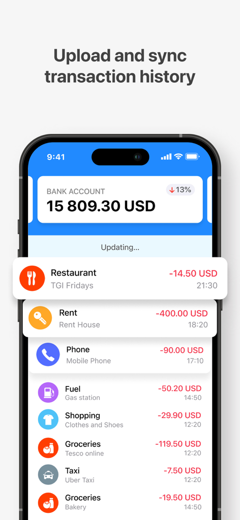Wallet - Daily Budget & Profit - A smartphone screen displaying the Wallet app transaction history and bank account balance with automatic synchronization features.