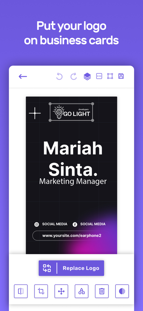 Business Card Design Maker - Eine mobile Benutzeroberfläche der Visitenkarten-Designer-App, die einen Benutzer zeigt, der eine vertikale Visitenkarte mit einem persönlichen Logo und Kontaktdaten anpasst