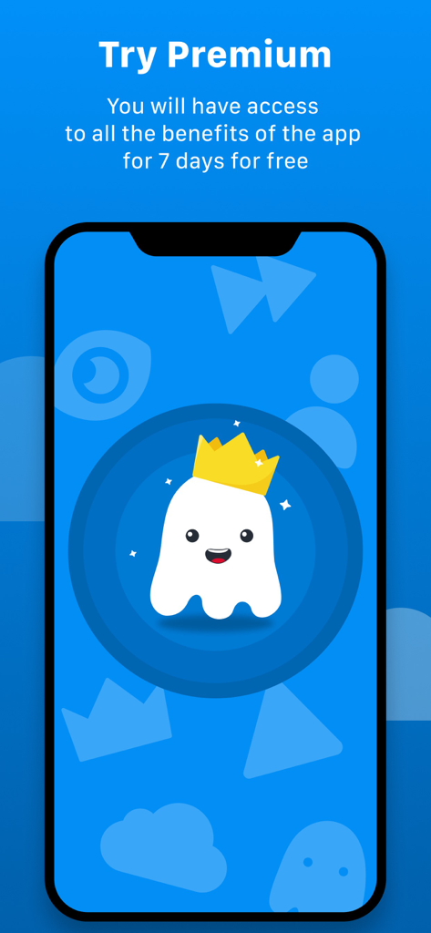 VPN MAX: Super Secure Proxy - Tela promocional do aplicativo móvel VPN MAX oferecendo um teste gratuito de 7 dias de recursos premium com um mascote fantasma coroado.