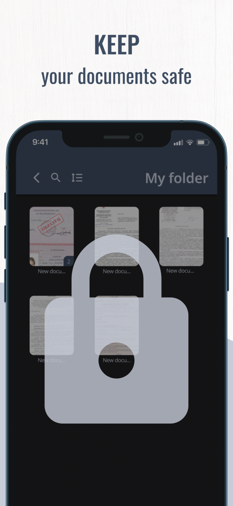 Document Scanner PDF Converter - A smartphone showing a folder of scanned documents with a large padlock icon overlay and the text keep your documents safe