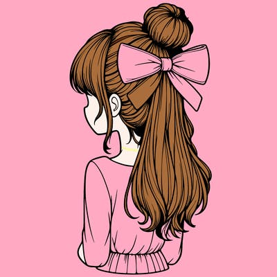 realistic girl  with hip length hair a bun and a big bow on the back of head