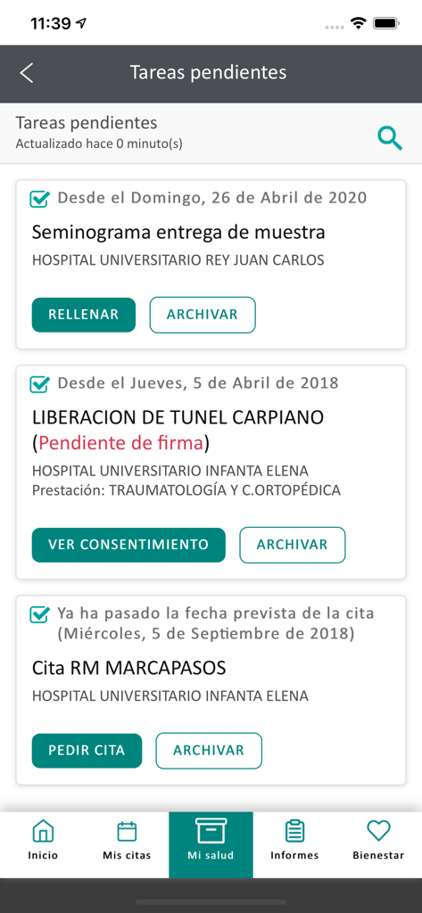 Fundación Jimenez Díaz - Mobile patient portal screen displaying a list of pending medical tasks and appointment requests