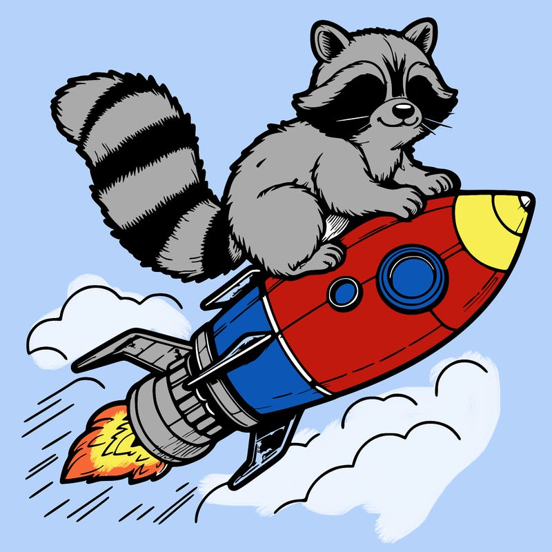realistic raccoon flying on top rocket ship