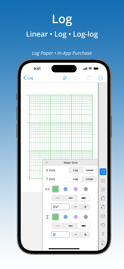 GridMaker - Interfaz de la aplicación GridMaker en iPhone que muestra opciones de personalización para papel cuadriculado logarítmico y log-log