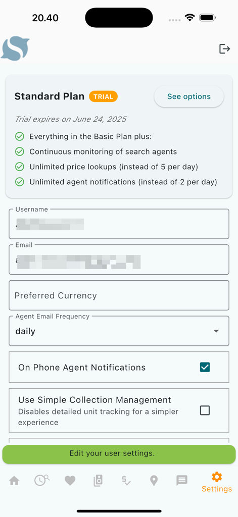 Hifishark Companion - Hifishark Companion settings screen showing Standard Plan trial benefits and user account preferences