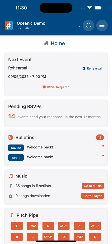 Choir Genius - Schermata principale dell'app Choir Genius che mostra i dettagli della prossima prova, le conferme di presenza in sospeso, i bollettini dei membri, l'accesso alla libreria musicale e un diapason digitale.