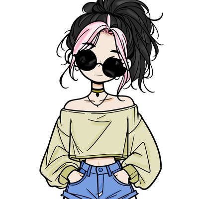 girl with a messy ponytail glasses a baggy crop top and jean shorts