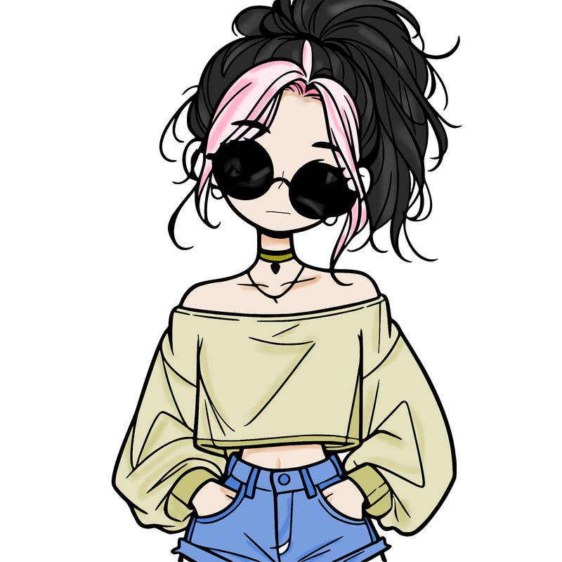 girl with a messy ponytail glasses a baggy crop top and jean shorts