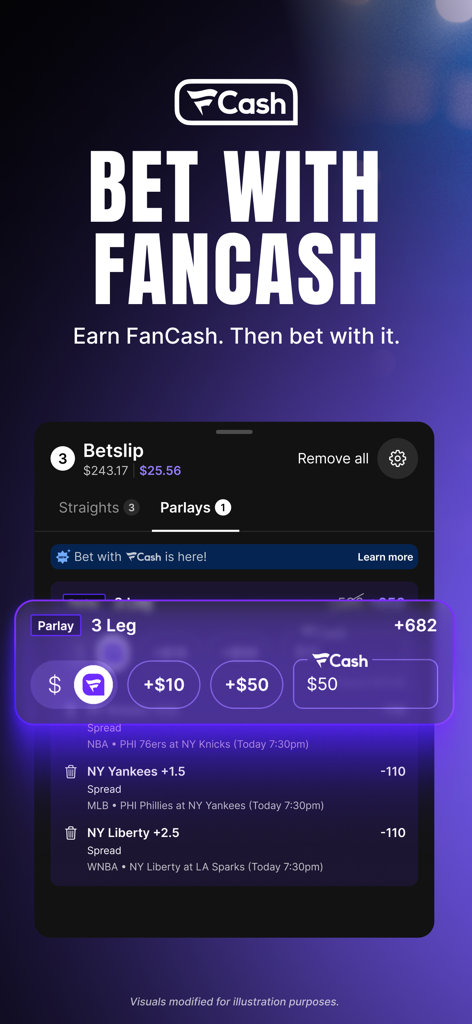 Fanatics Sportsbook app interface showing a 3-leg parlay betslip with the option to use FanCash rewards