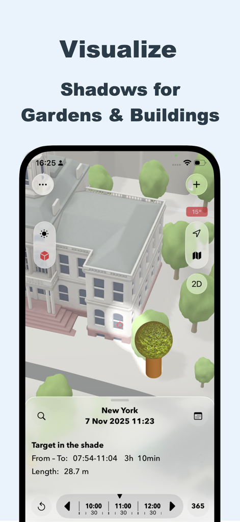 Sun Tracker AR - Sun Tracker ARアプリのインターフェースにおける建物や庭の3D影シミュレーション