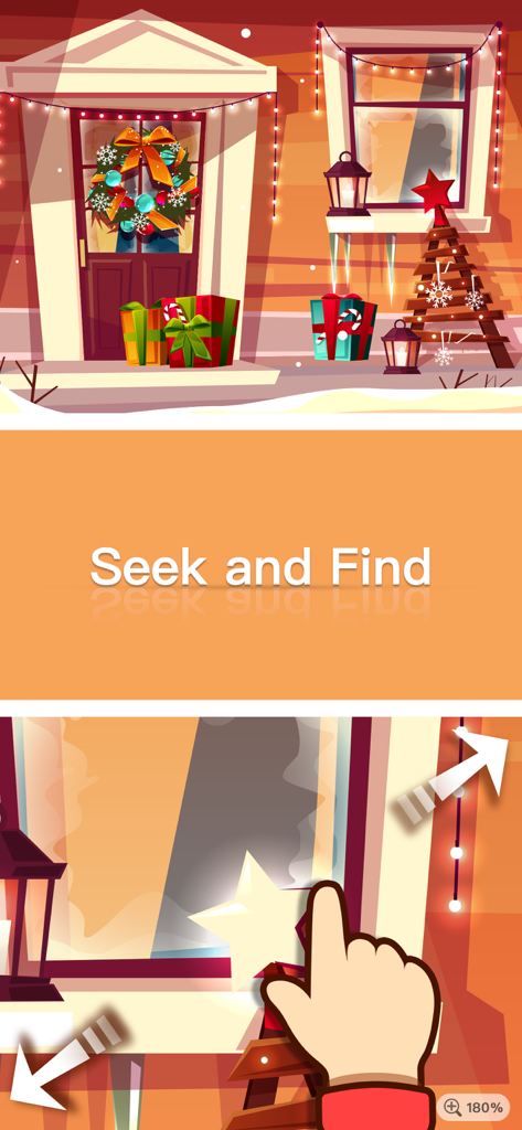 Differences - Find All Diff - A seek and find puzzle screen showing a Christmas decorated house and a hand using the zoom feature.
