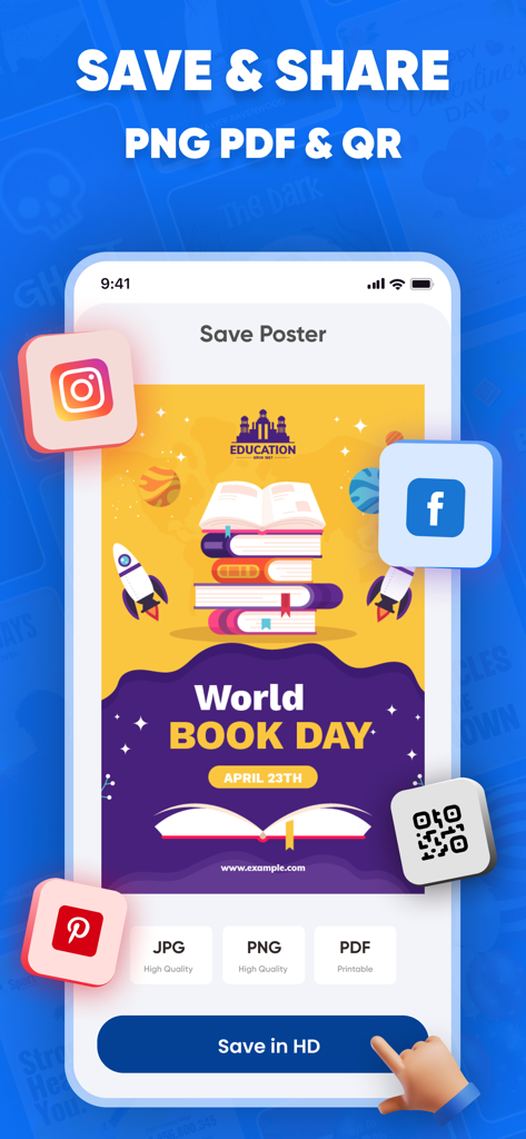 Poster Maker: & Flyer Maker - Écran de l'application Créateur d'affiches montrant les options pour enregistrer et partager les conceptions au format PNG, PDF et QR code.