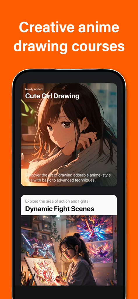 Draw Anime- Learn step by step - Screenshot of the Draw Anime app interface featuring creative drawing courses for cute characters and dynamic fight scenes