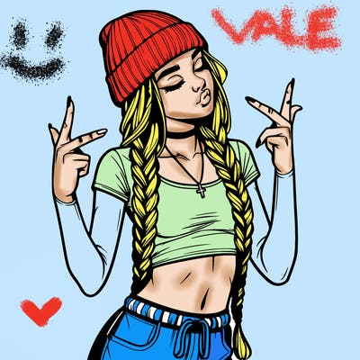 realistic teenage girl with braids and a beanie and crop top doing 🫶🏼