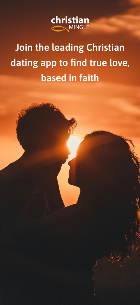 Christian Mingle: Dating App - Couple in silhouette at sunset with the Christian Mingle logo and text about faith based dating