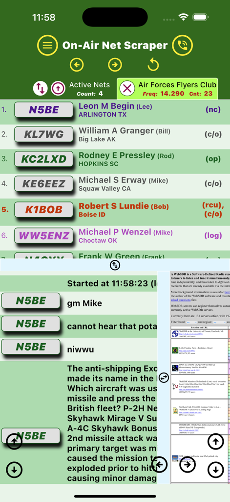 On-Air Net Scraper - Interface of the On-Air Net Scraper app showing a split-screen layout with ham radio operator check-ins, a message log, and a WebSDR listing.