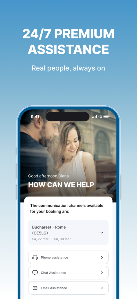 GoVola mobile app interface for 24/7 customer support via phone chat and email