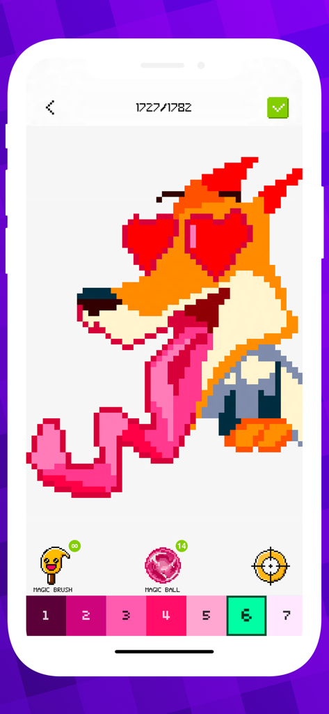 Magico: Fun Pixel Art Coloring - A pixel art coloring screen in the Magico app featuring a cartoon fox with heart eyes and various magic coloring tools.