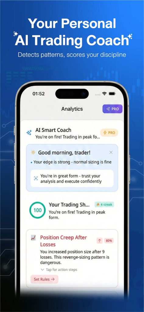 Trade Buddy - Trading Journal - Trade Buddy app screen displaying the AI Smart Coach with performance analytics and discipline tracking.
