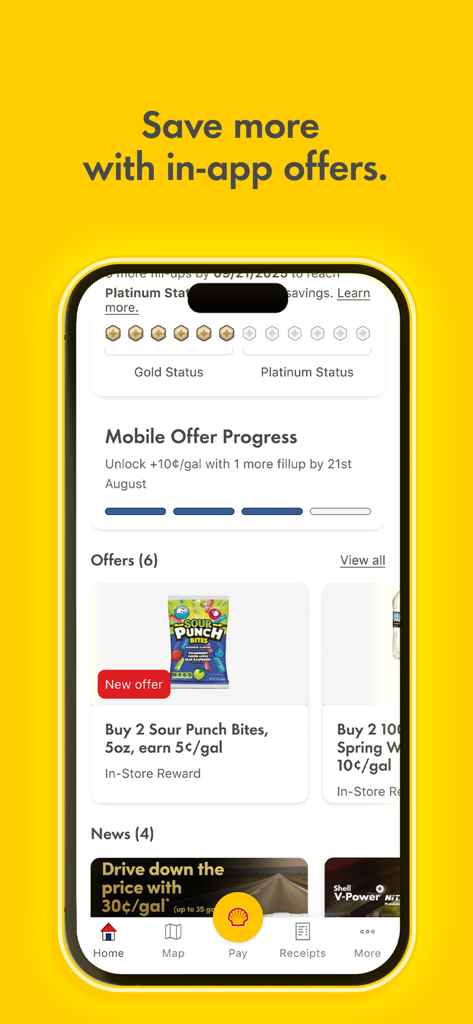 Shell: Fuel, Charge & More - Shell app interface displaying fuel rewards progress and in-store offers