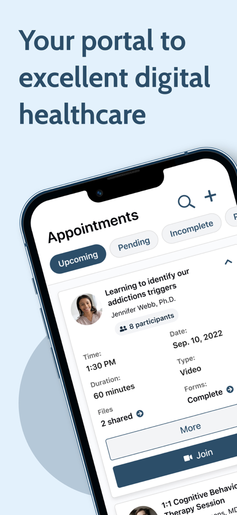 OnCall Health mobile app interface showing a list of upcoming telehealth appointments