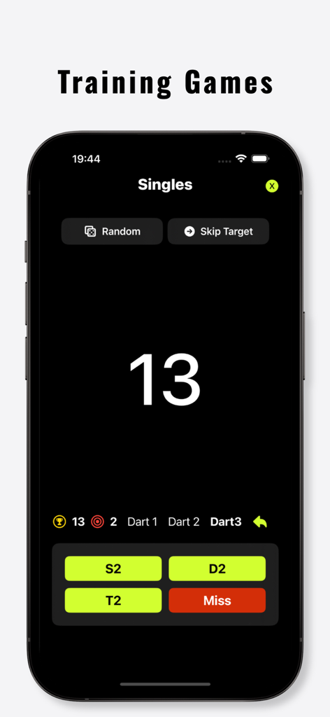 Dart Bot app training games interface showing a singles practice session with scoring buttons