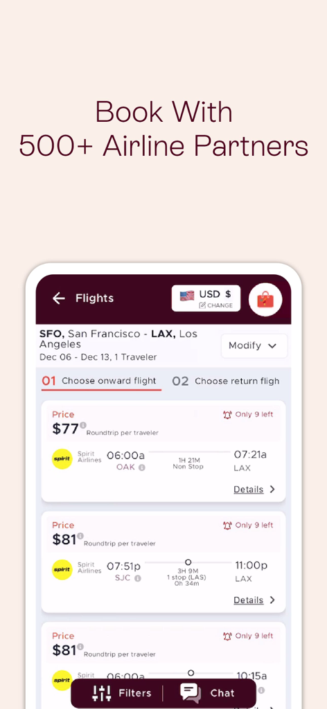 Mondee mobile app interface for booking flights with various airline partners