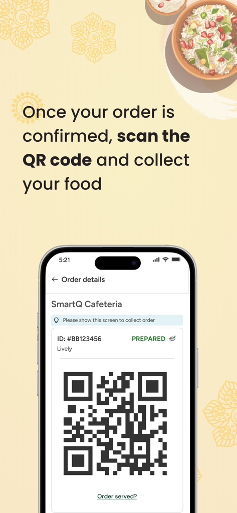 SmartQ - Food Ordering App - SmartQ app screen displaying a QR code for contactless food collection at a cafeteria