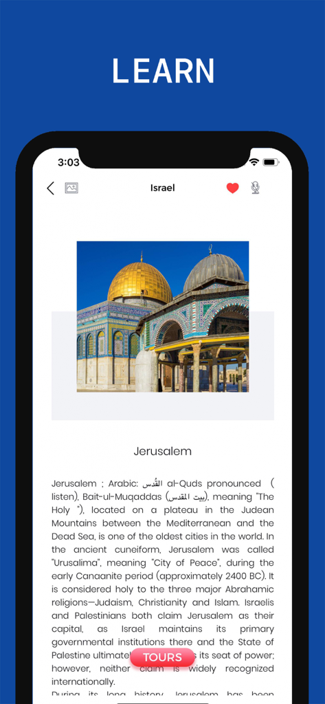 Israel Travel Guide app screen showing historical information about Jerusalem and the Dome of the Rock