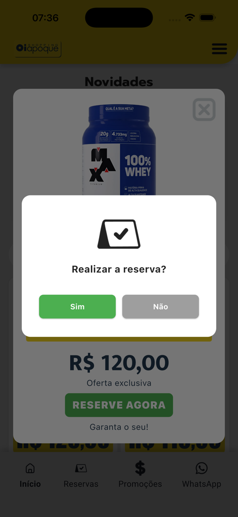 Shopping Oiapoque - Pantalla de la aplicación Shopping Oiapoque que muestra una ventana emergente de reserva de producto para proteína de suero.