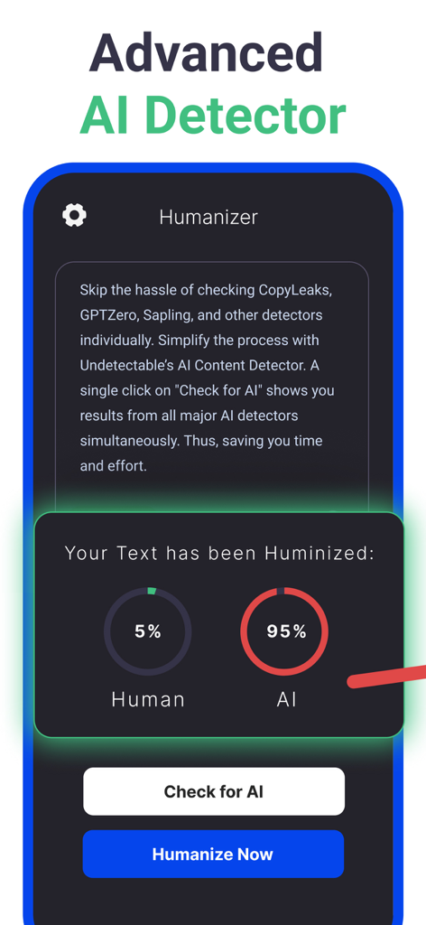 BypassGPT - AI Detector Check - Interface of BypassGPT app showing AI detection results and options to check or humanize text.