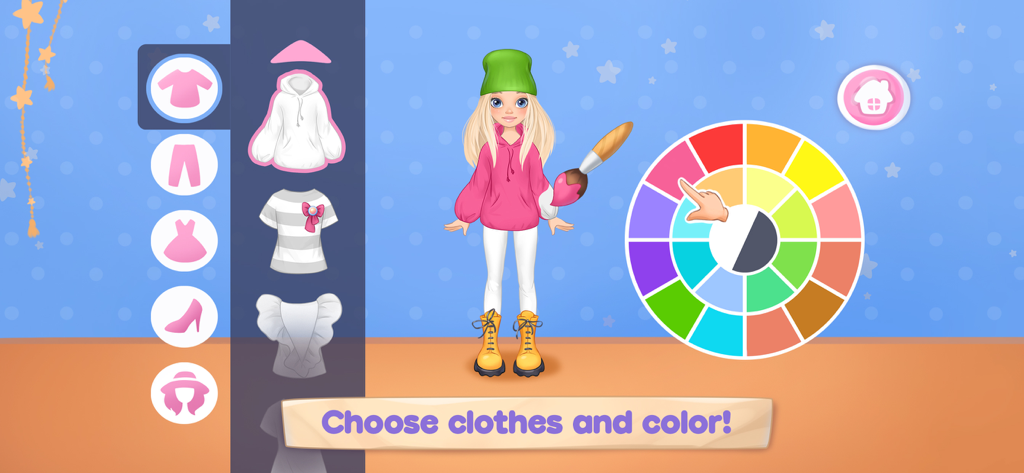 Sewing Games Fashion Dress Up - Interface do aplicativo Jogos de Costura onde um usuário pode selecionar a roupa de uma boneca e escolher cores em uma roda de cores.