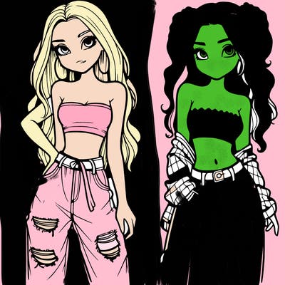 2 girls in crop tops and baggy jeans ripped