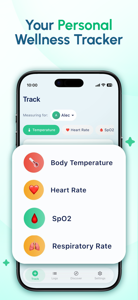 Body Temperature App Fever - Mobile app interface showing tracking options for body temperature heart rate and oxygen levels