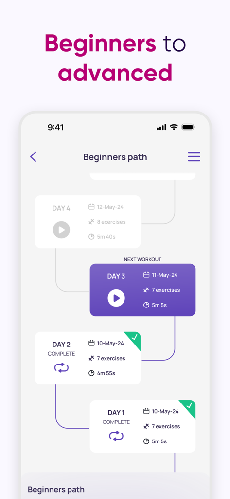 5 Minute Pilates Workout - Una interfaz móvil que muestra la función Camino para Principiantes en una aplicación de Pilates, mostrando un plan de entrenamiento diario.