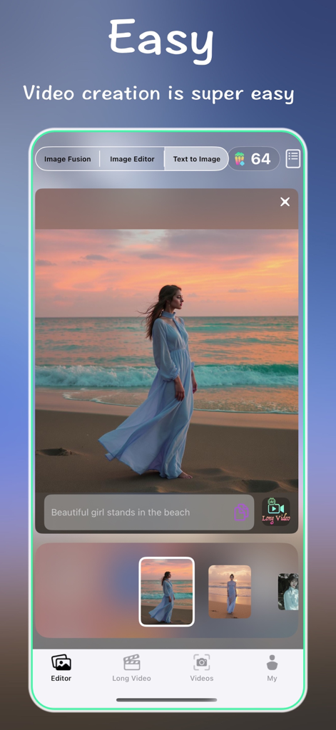 Nano Banana - AI Photo Maker - Interface de l'application mobile Nano Banana montrant une belle fille sur une plage générée par une invite vidéo IA
