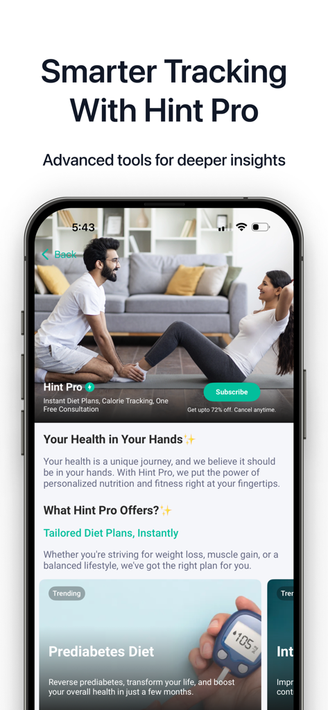 Hint Diet Plan Calorie Counter - Interfaz de la aplicación Hint Pro que muestra planes de dieta personalizados y seguimiento de prediabetes