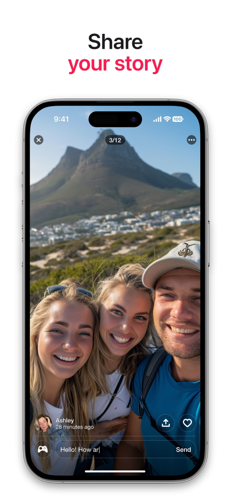 Sociable - Video Chat & Games - Screenshot of the Sociable app showing the share your story feature with a group photo of three friends smiling in front of a mountain