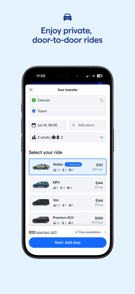 Daytrip: Transfers and trips - The Daytrip app interface showing private door-to-door ride options from Cancun to Tulum.