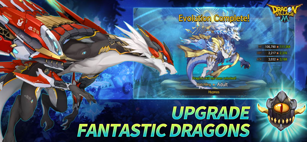 Une capture d'écran de Dragon Village M montrant une évolution de dragon avec des statistiques mises à jour et le texte améliorez des dragons fantastiques