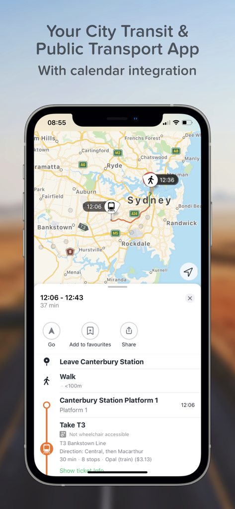 TripGo - TripGo mobile app interface showing a multi-modal public transport itinerary with map and trip details