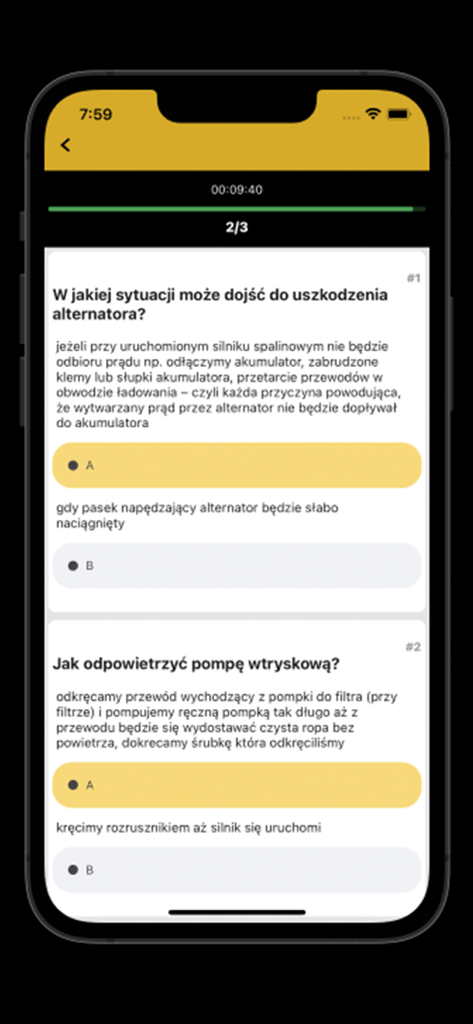 Copa Edu - Interfaz de una aplicación móvil que muestra preguntas de opción múltiple para un examen de operador de maquinaria pesada.