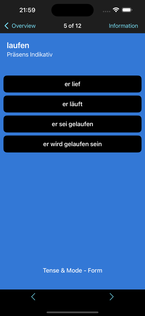 Un quiz di coniugazione a scelta multipla per il verbo tedesco laufen nell'app VerbForms Deutsch.